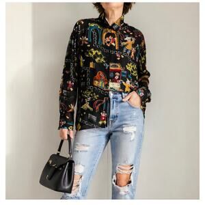 Vintage 90s Silk Asian Print Blouse Black/Multi Size 3/ Large Chicos Sheer